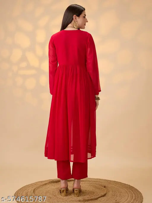 Globus Women Red V-Neck Gathered Gotta Patti Detail Flared A-Line Alia Cut Kurta With Pants Festive Set