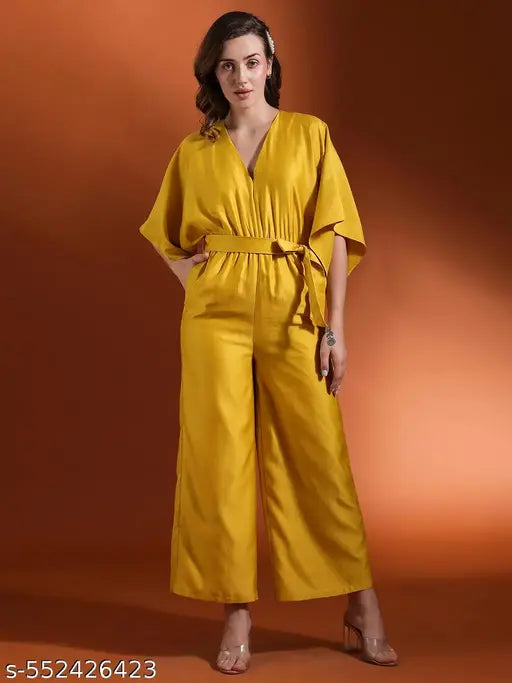 Globus Women Lime Green Neck Kimono Extended Sleeves Waist Tie-Up Flared Hem Work Wear Jumpsuit