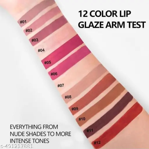 Professional 12pc Glaze Long Lasting Liquid Glitter Lipstick Set Tint Oil Gloss Korean Lipstick In Waterproof For Girls And Women Cute Combo Set Multicolor Nude Shade Red Pink Brown Matte Finish.