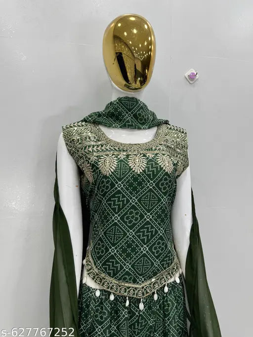 Designer Patola Print Heavy Faux Georgette Top Palazzo Set with Embroidered Sequins Work & Dupatta