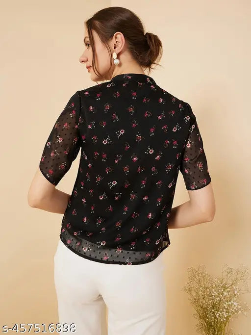 Rare Women Casual Black Colour V-Neck Floral Regular Top