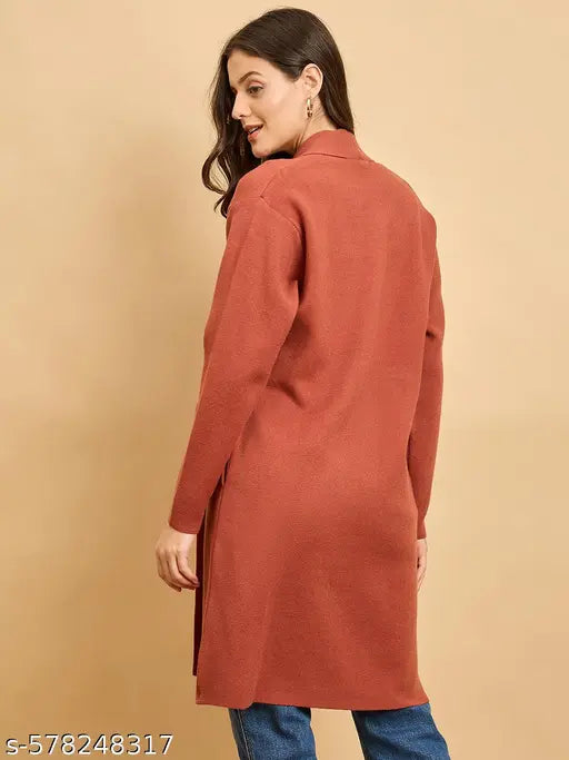 Women Knitted Long Shrug  Winter Wear With Embeoidery And Broatch Pin -Rust