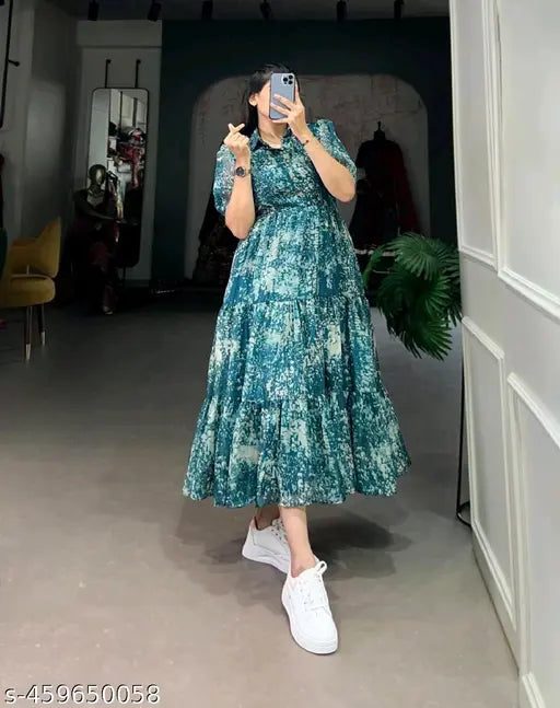 Classic Ravishing Fabulous Digitally Printed Shirt Collor  Western Dress