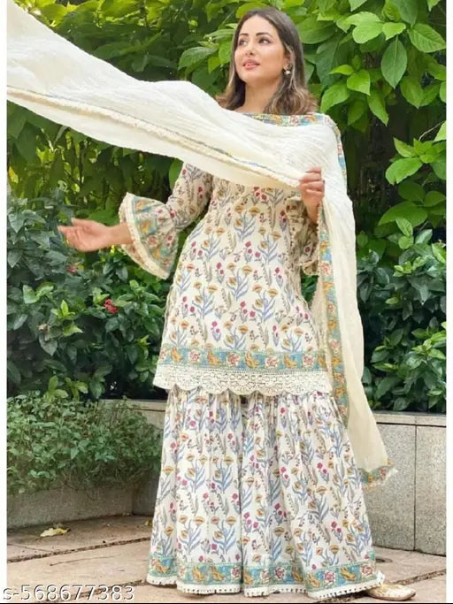 Womens Rayon Printed Short Kurti Sharara with Dupatta Set | Kurta Sets| Kurti Pant Set