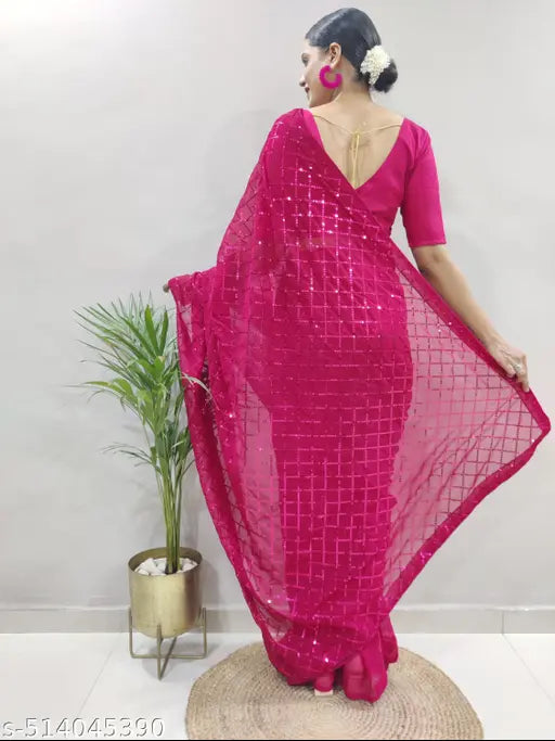 Honeycomb Sequins Work Georgette Fabric Bollywood Style Saree