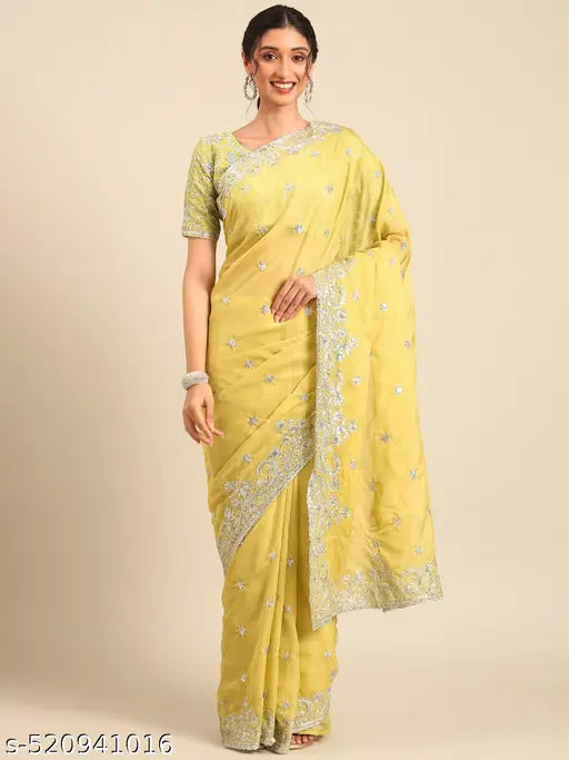 Women's Tabby Silk Embroidery Lace Border Saree With Unstitched Blouse Piece