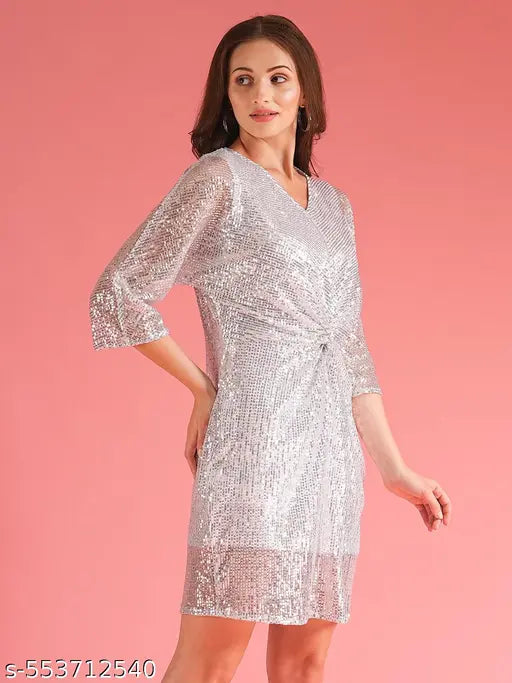 Globus Women Silver Gathered & Sequinned Party Dress