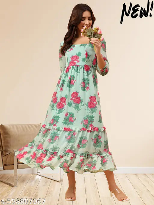 Elegant Light Green Floral Georgette Midi Dress for Women | Square Neck Tiered Western Dress | Stylish Casual Wear
