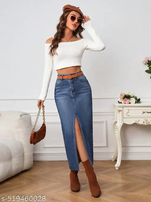 coral denim blue long skirt