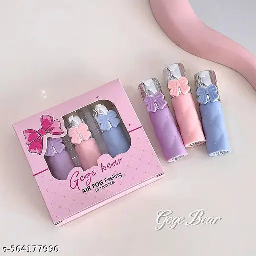 GEGE BEAR Liquid Lipstick | Korean-Style Glossy Lipstick for Girls | Nuo Nuo Cherry Red Tint | Moisturizing Velvet Liquid Lipstick | Cute Bow Packaging