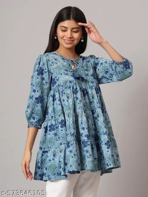 FABRIC FITOOR Trendy Blue Floral Printed Cotton Flared Women’s Top Trendy Blue Floral Printed Cotton Flared Women’s Top(Blue)