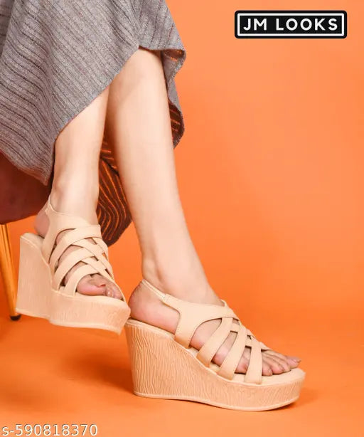 JM LOOKS Women’s Wedge Heel Sandals | Multi-Strap Slingback Open Toe Platform Sandals - Cream