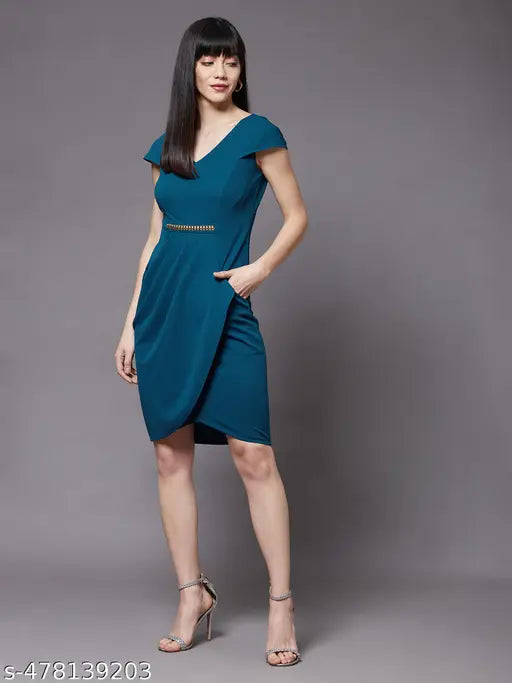 Miss Chase Women's Teal V-Neck Cap Sleeve Solid Wrapped Polyester Knee-Long Dress