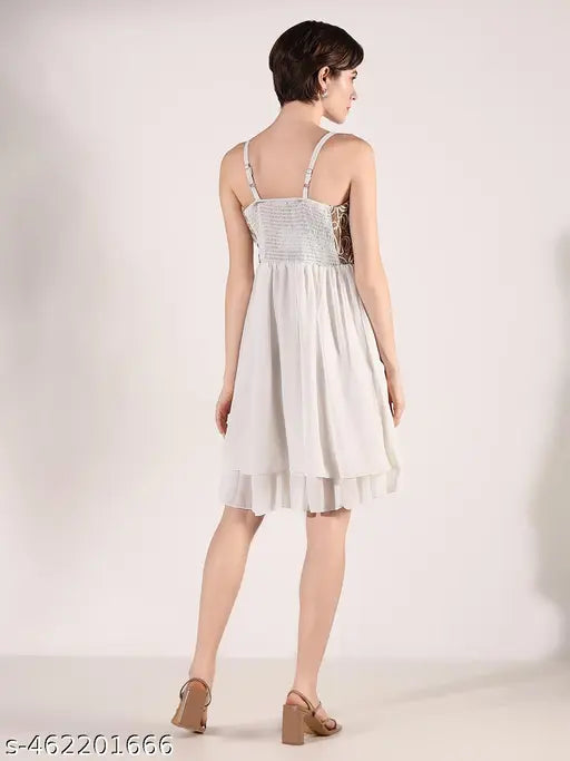 Women's White Solid Fit and Flare Dress