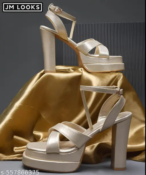 JM LOOKS Women's Platform Heels, 5-Inch Chunky Block Heeled Sandals, Square Open Toe Ankle Strappy Dressy Heels for Prom, Wedding, Party, and Evening - Golden