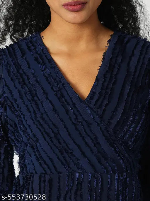 Globus Women Navy Blue Self Textured V-Neck Sheath Mini Party Dress