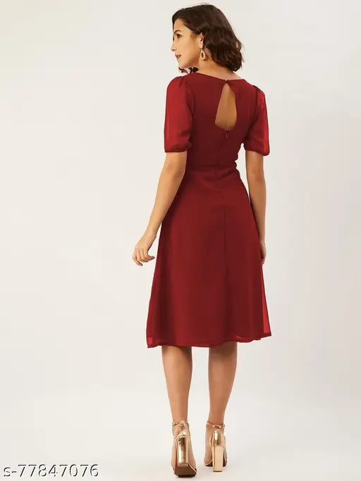 Solid Maroon Dress with front Slit,Sweetheart Neck,Side Zipper,Back button opening,puff Sleeves,below knee length