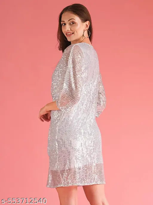 Globus Women Silver Gathered & Sequinned Party Dress