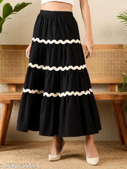 Honky Tonky Black Flared Crepe Maxi Skirt with Tiered Lace Design