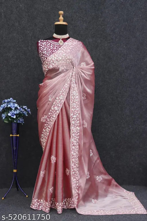 Pure JimiChu Saree Sateen Benglori Silk Blouse And C-Pallu Work With Fancy Thread Work With Sequence Work
