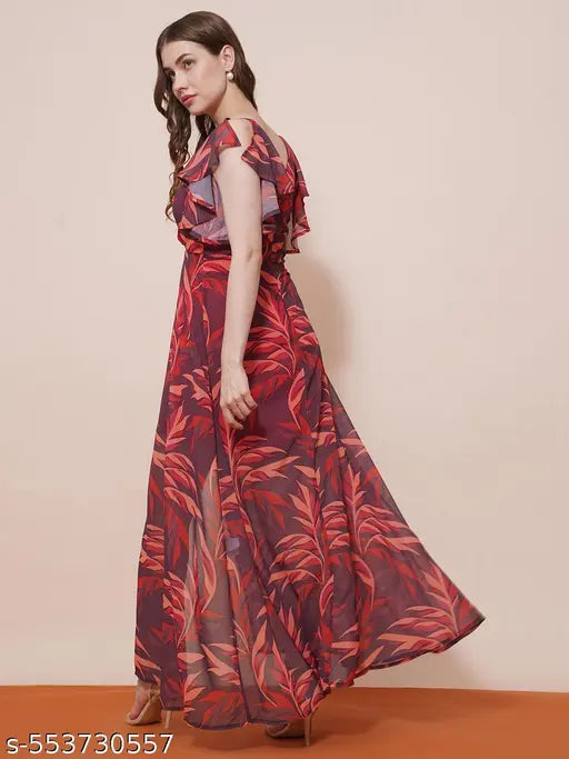 Globus Women Brown Neck Strappy Flutter Sleeves Tropical Printed Front Slit Fit & Flare Maxi Party Dress