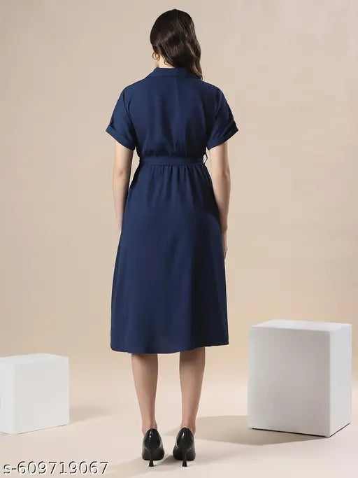 Globus Women Navy V-Neck Extended Sleeve Belted Detail Fit & Flare Work Wear Midi Dress