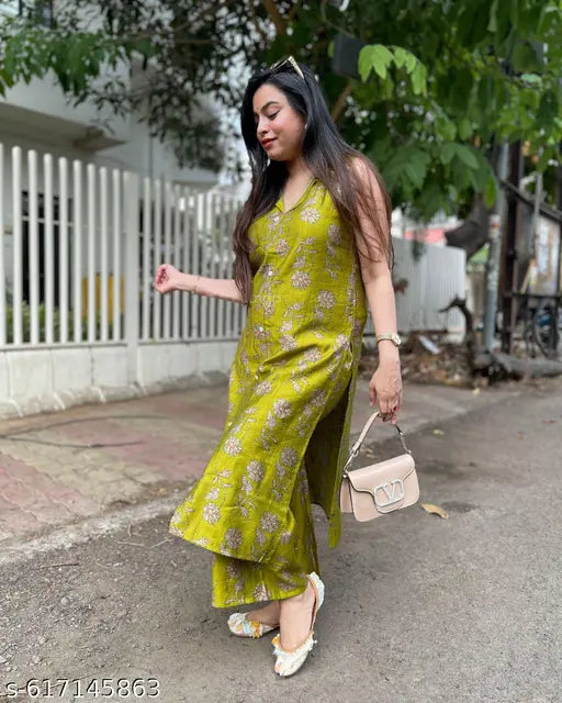 Anni Designer Women's Rayon Viscose Green A-Line Printed Kurta Set | 2-Piece Daily Wear Suit with Palazzo| Stylish Office Wear Ethnic Rayon Dress