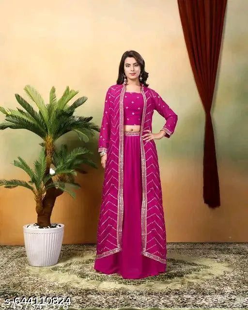 Trendy Women's Embroidered Crop Top & Lahenga Set – Georgette, Round Neck, Three-Quarter Sleeves, Party Wear #TrendyCropTop #EmbroideredTop #WomenCropTop #RedCropTop #PinkShararaSet #GeorgetteCropTop #ShararaSet