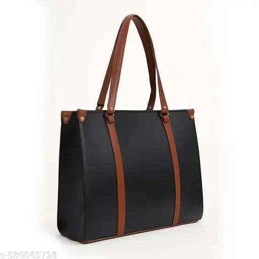 Black & Tan Structured PU Leatherette Tote Bag