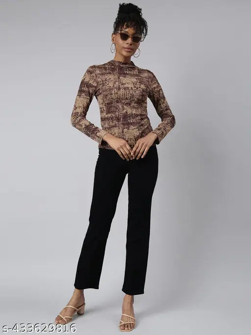 SHOWOFF Women's Abstract High Brown Regular Top