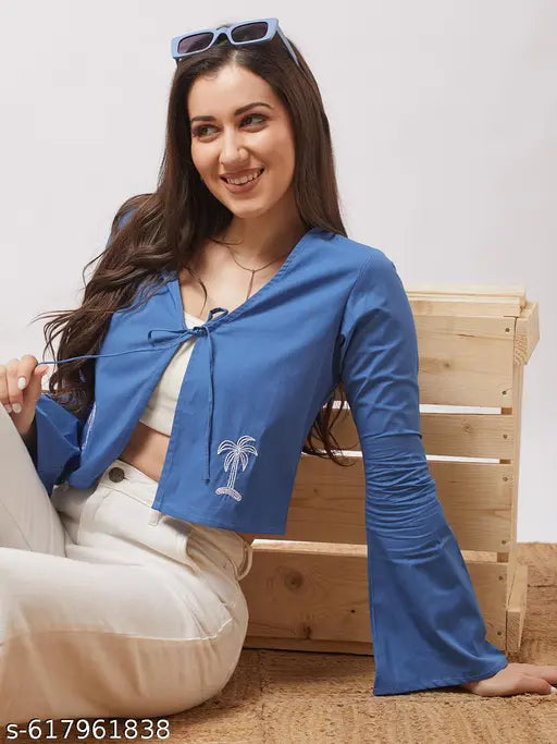 Globus Women Blue Tie-Up V-Neck Bell Sleeves Embroidered Detail Front Open Crop Top