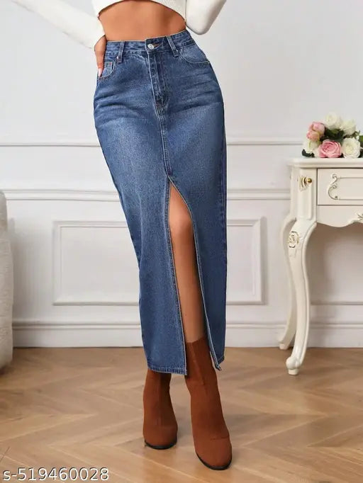 coral denim blue long skirt