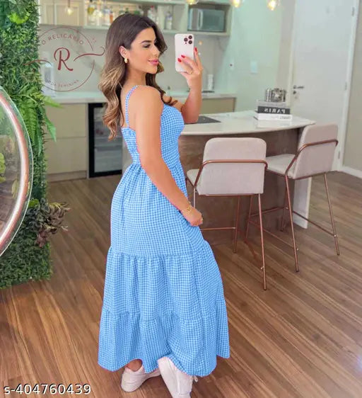 Blue Gingham cotton  Tiered Maxi Dress