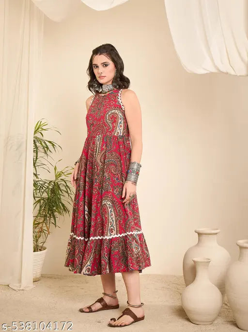 Paisley Printed Flared Midi Dress