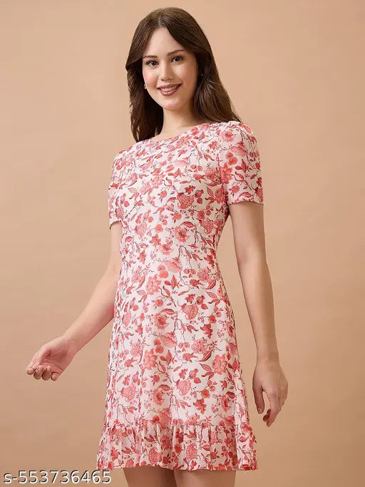 Globus Women Pink Floral Printed Round Neck Short Puff Sleeves Fit & Flare Mini Dress