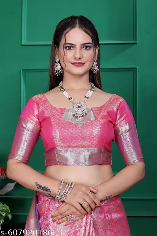 Pink Banarasi Silk Saree with Rich Zari Weaving & Elegant Blouse Piece