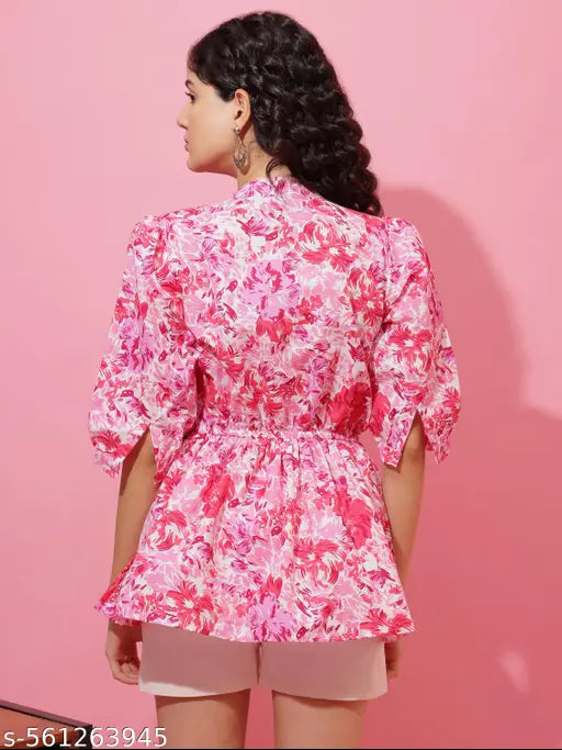 Honky Tonky Pink Floral Printed Top with Regular Sleeves for Women