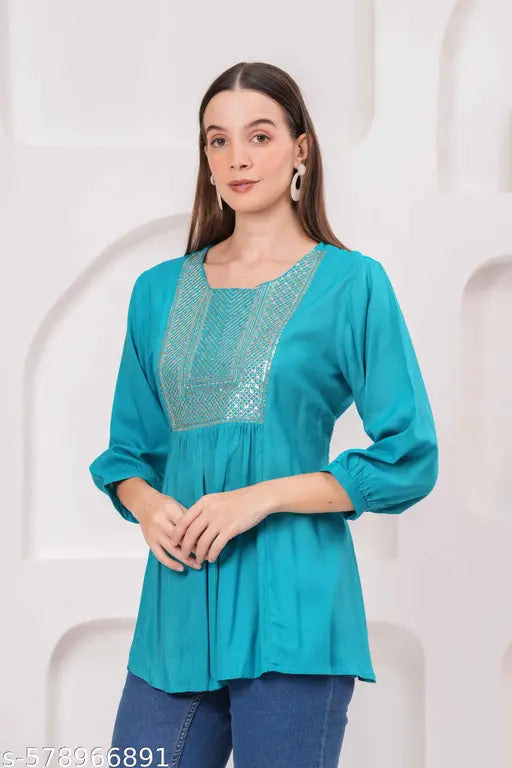 Women Tealblue Rayon Solid Embroidery Top