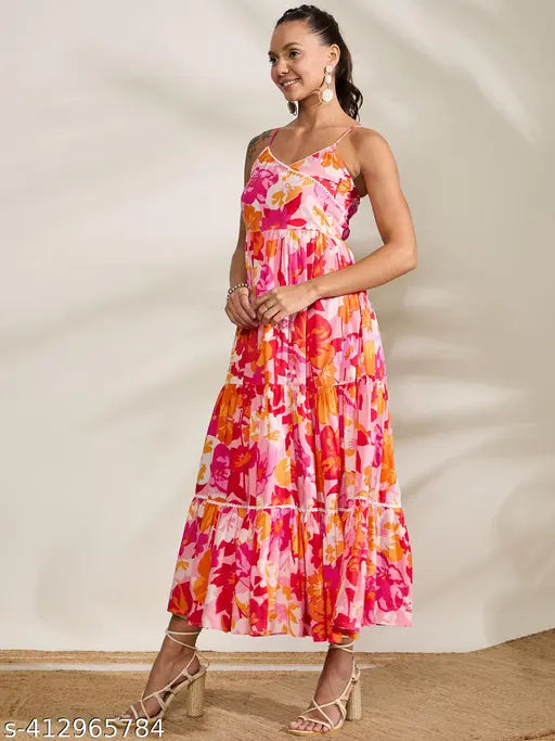 WineRed Women Pink Floral  Lace Tiered Dress