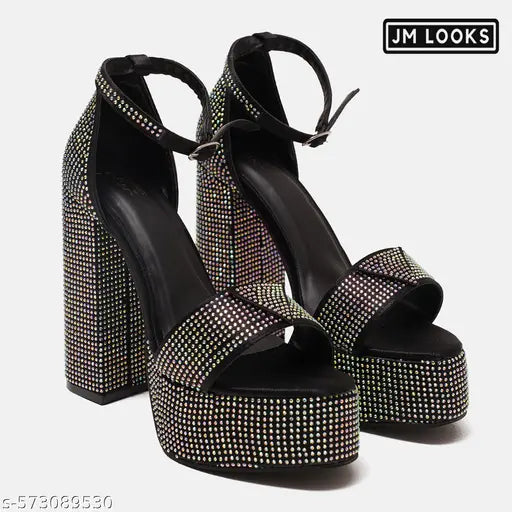 JM LOOKS Women's Chunky High Heel Sandal Embellished Rhinstone Ankle Buckle Open Round Toe Sandal Evening Party Prom - Black