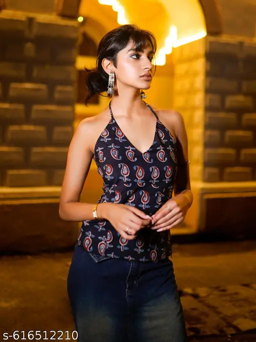 Anni Designer Women's Rayon Viscose Navy Sleeveless Kurti with Beautiful Floral Printed Work, Elegant Ethnic Top for Festive, Casual & Daily Wear, Stylish Designer Kurta for Women and Girls