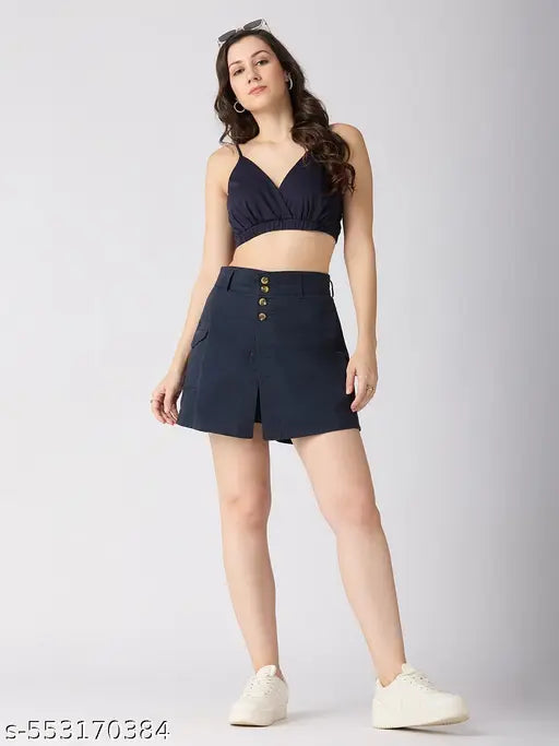 Globus Women Navy Stretchable Mid-Rise Regular Fit Above Knee Cargo Skorts