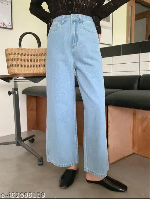 WOMEN WIDE LEG FLARED BELL BOTTOM HIGH RISE DENIM JEANS