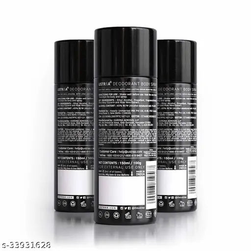 Ustraa BLACK Deodorant Body Spray, 150 ml- Set of 3