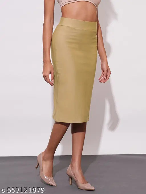 Globus Women Camel Stretchable High-Rise Back Slit Midi Workwear Pencil Skirt