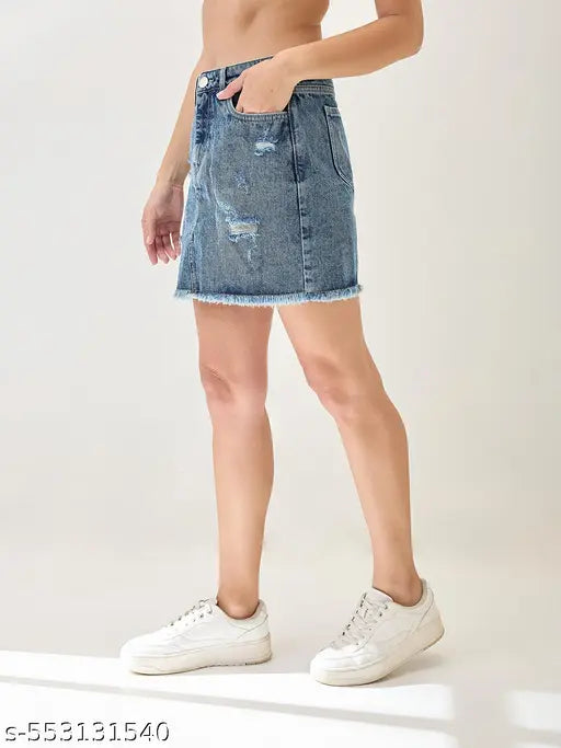 Globus Women Med Blue Mid Rise Distressed & Frayed Hem Mini Denim Skirt