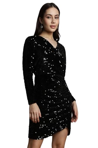 Allen Solly Women's Polyester Asymmetrical Mid-Thigh Length Dress (Black) - SaumyasStore