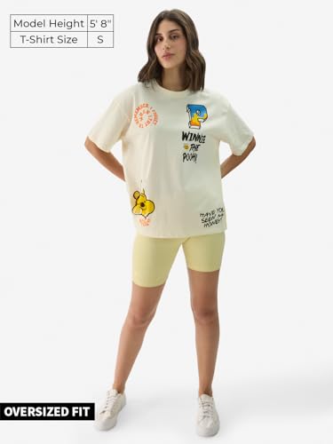 The Souled Store Disney: Winnie The Pooh Displacement Women and Girls Short Sleeve Round Neck Off White Graphic Print Oversized Fit T-Shirts - SaumyasStore
