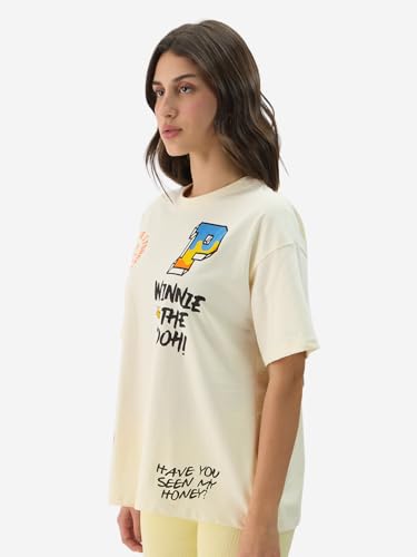The Souled Store Disney: Winnie The Pooh Displacement Women and Girls Short Sleeve Round Neck Off White Graphic Print Oversized Fit T-Shirts - SaumyasStore
