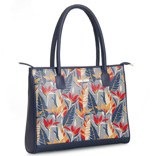 SACCI MUCCI Women's Tote Bag | Tote Bags For Women with Padded Laptop Compartment | Big Shoulder Bag for Office- Exotic Jungle (Navy Blue) - SaumyasStore